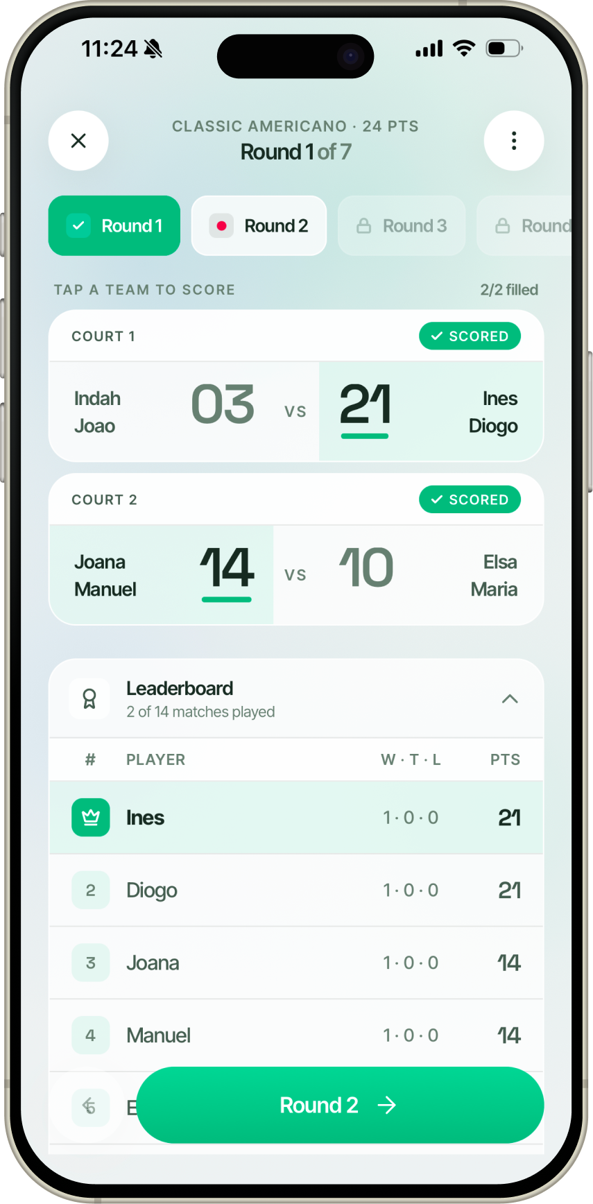 PadelEasy live tournament screen
